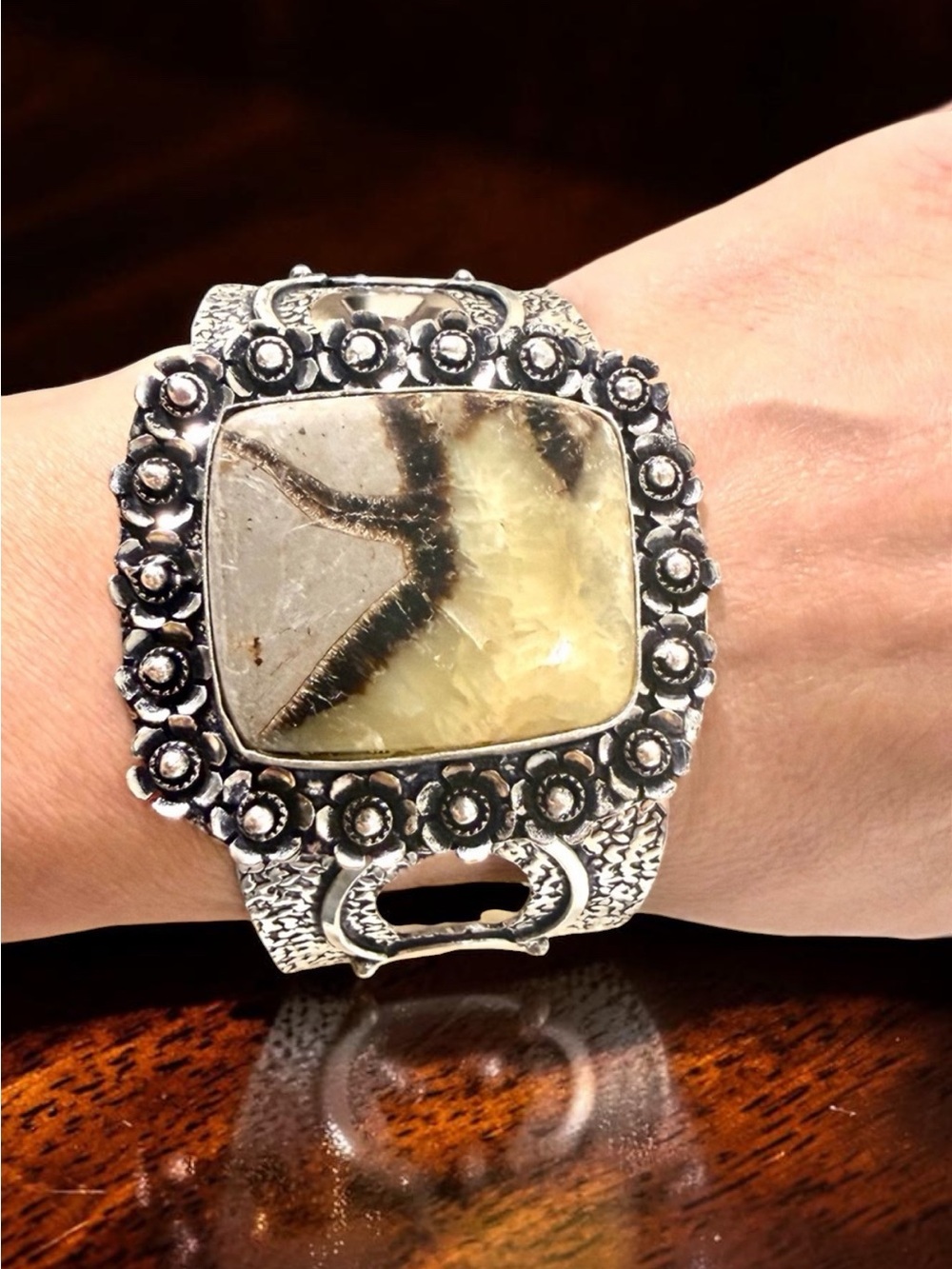 55g Sterling Silver Septarian Dragon Stone Statement Cuff Bracelet 925
